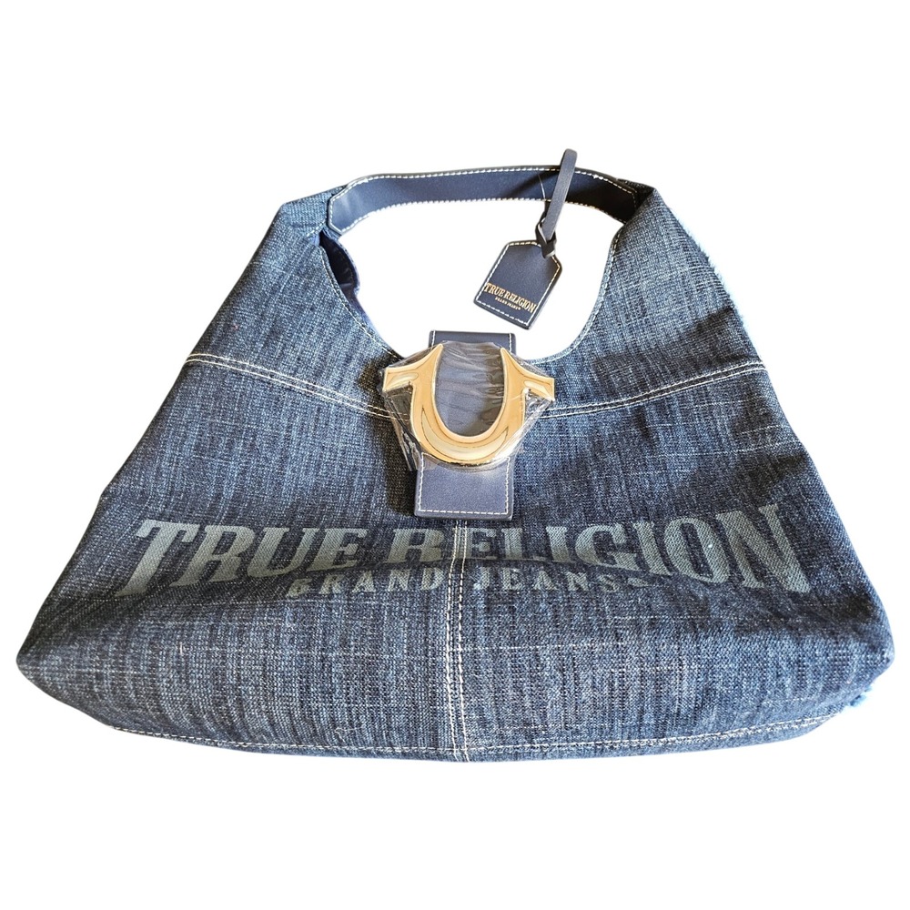 True Religion Hobo Bag Womens Blue Denim Logo Horseshoe Buckle Shoulder Bag
